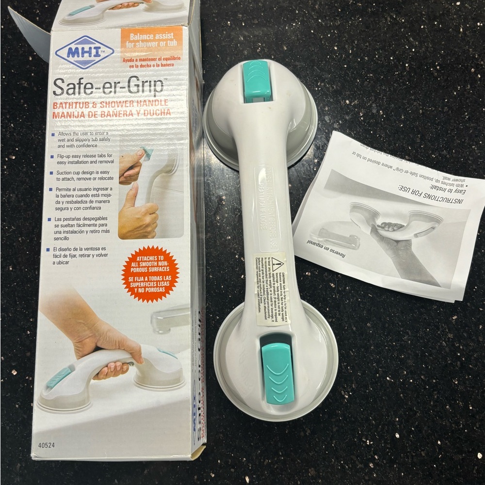 MHI Suction-Handle Bath & Shower Grip - White with Teal Accents Safe-er-Grip 12"